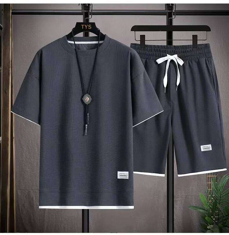 2026 new Summer Men's Waffle Sets Casual T-Shirt And Shorts Set Male Sports Suit Solid Color Tracksuit Loose Suits