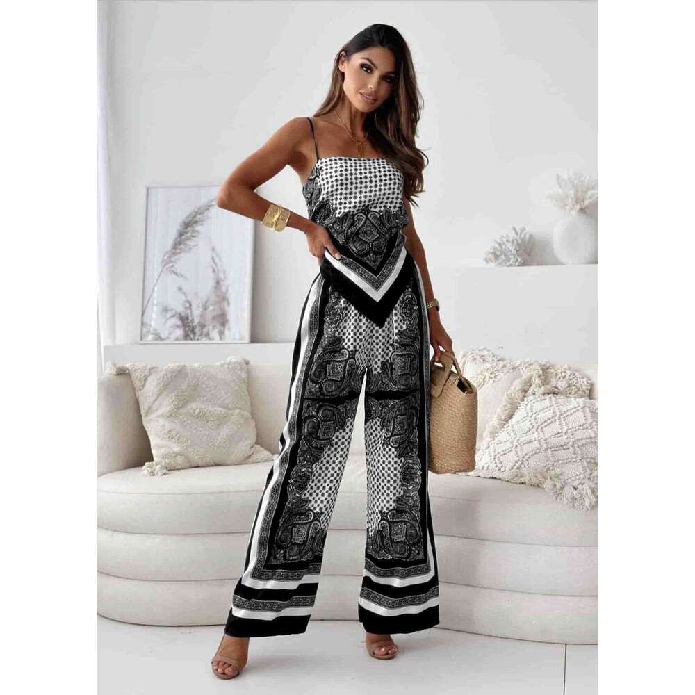 Trade European And American Women S Clothing Fashion Printed Sexy Strapless Tube Top Positioning Flower Long Pants Set