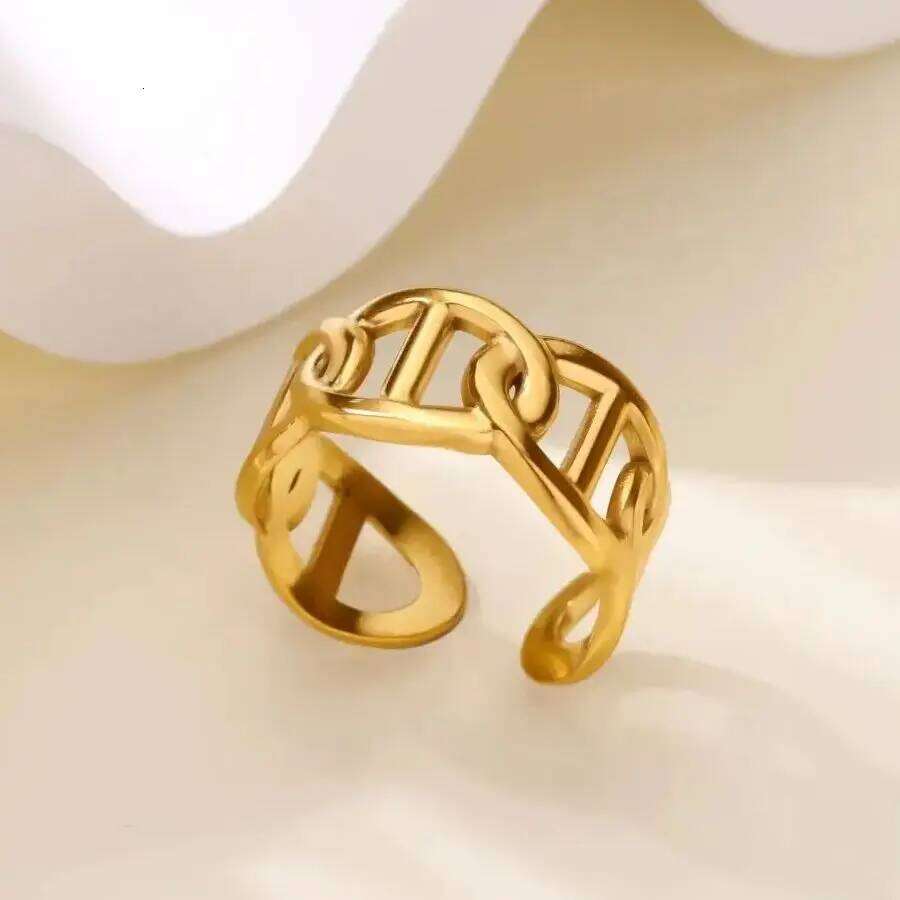 Stainless Steel Layered Rings for Women Open Adjustable Gold Color Geometric Textured Ring Aesthetic Wedding Waterproof Jewelry H260312