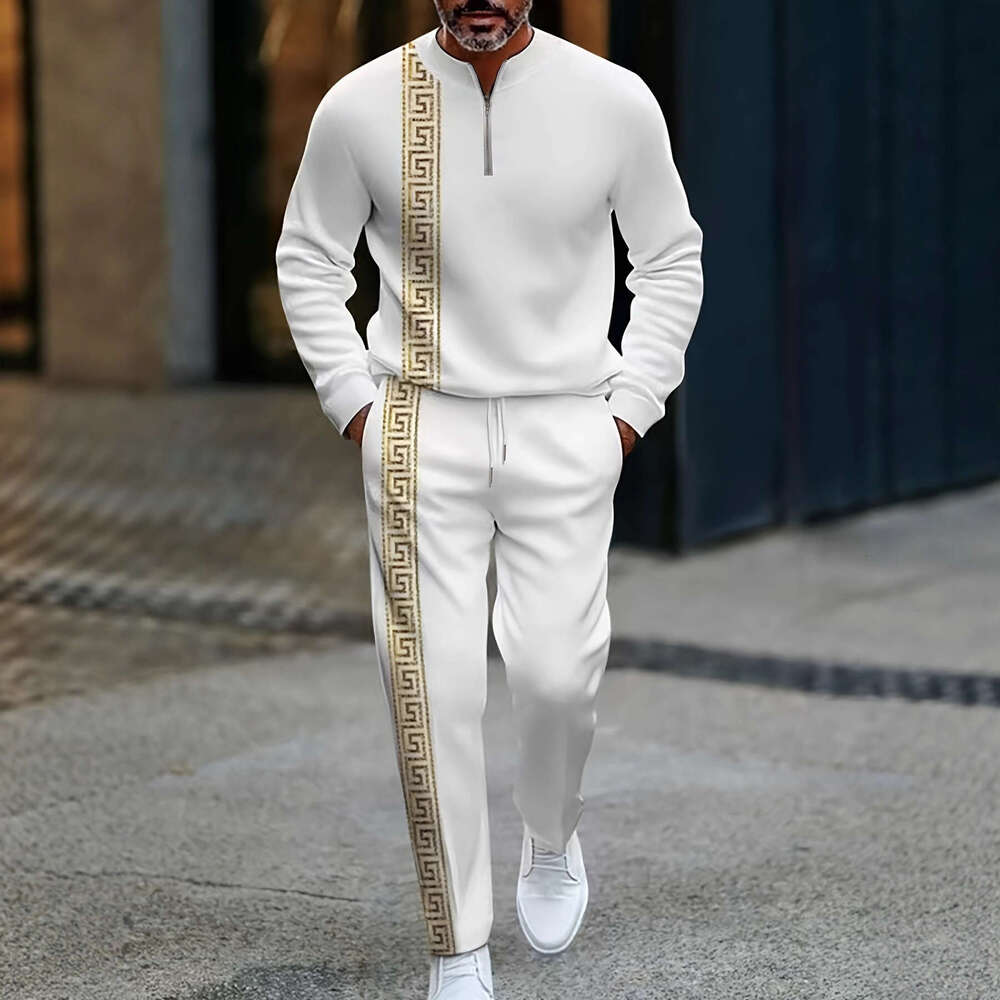 2025 European And American Amazon New Half-Open Zipper Pullover Casual Fashion Men's Sleeve Long Pants Set