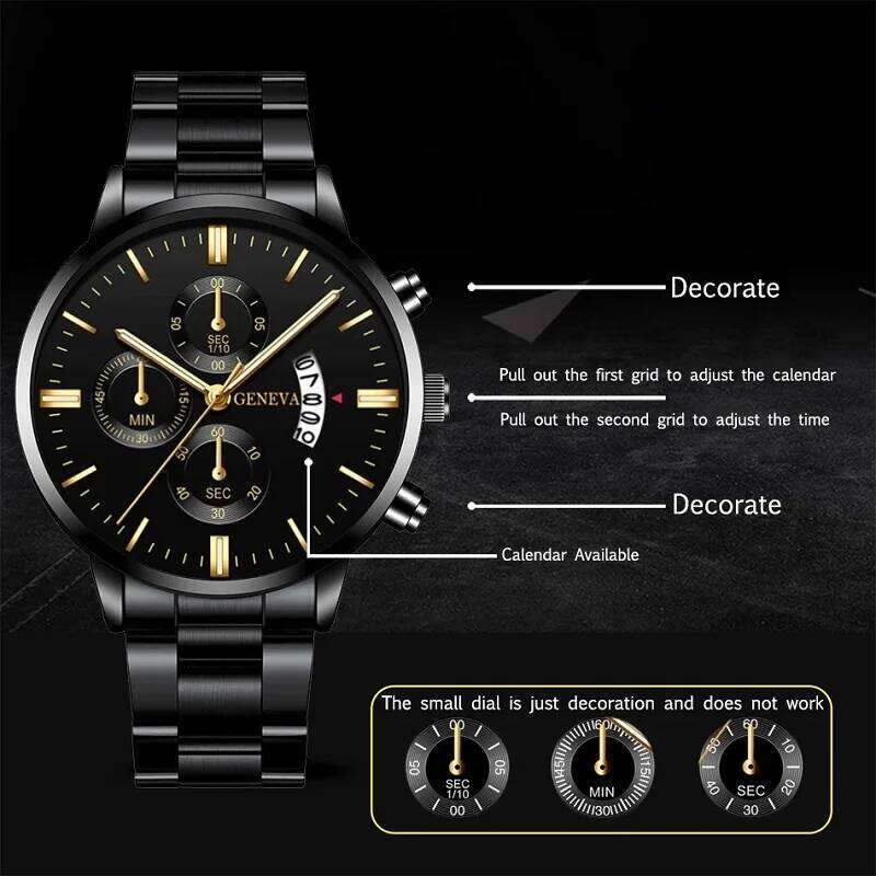 5pcs Necklace Bracelet Ring Mens Watches Set Fashion Luxury Men Stainless Steel Quartz Wrist Man Business Casual Watch