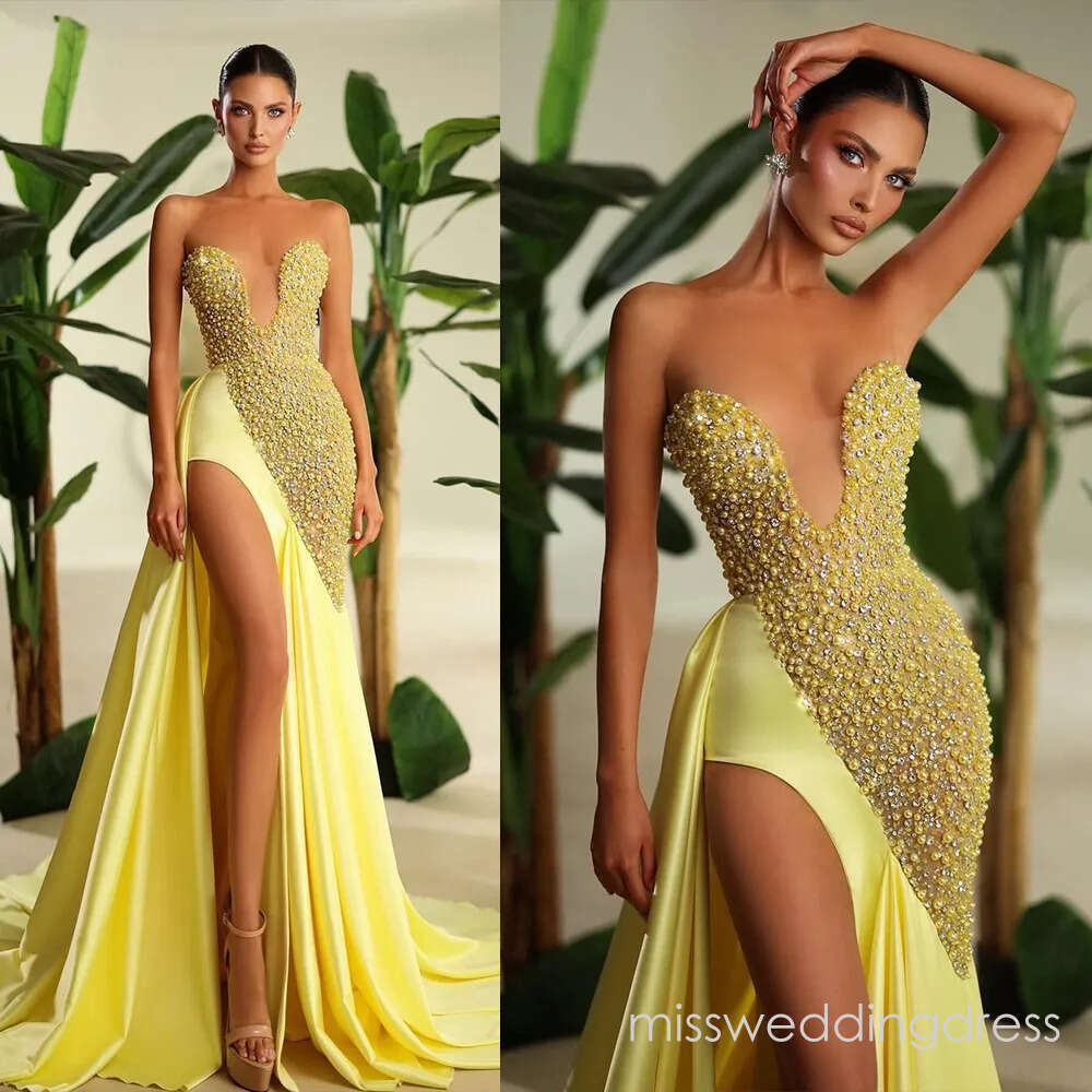 Stylish Strapless Evening Dresses Pearls Rhinestone Prom Dress Illusion High Split Mermaid Party Gowns Princess Vestidos De Noche Plus Size