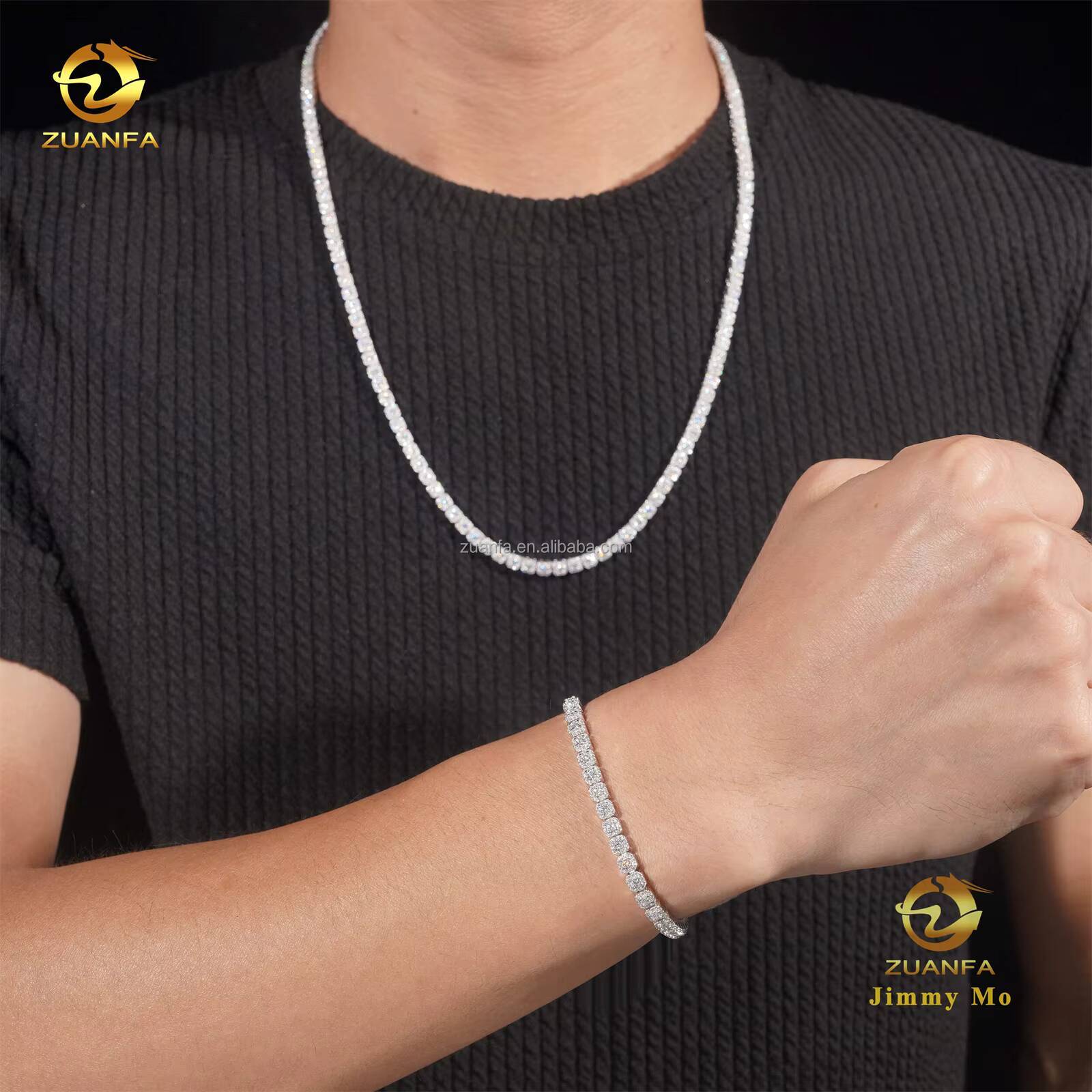New Design Elegant Claw Setting 4mm 925 Solid Silver Hip Hop Jewelry D VVS Moissanite Diamond Cluster Tennis ChainBracelet Set
