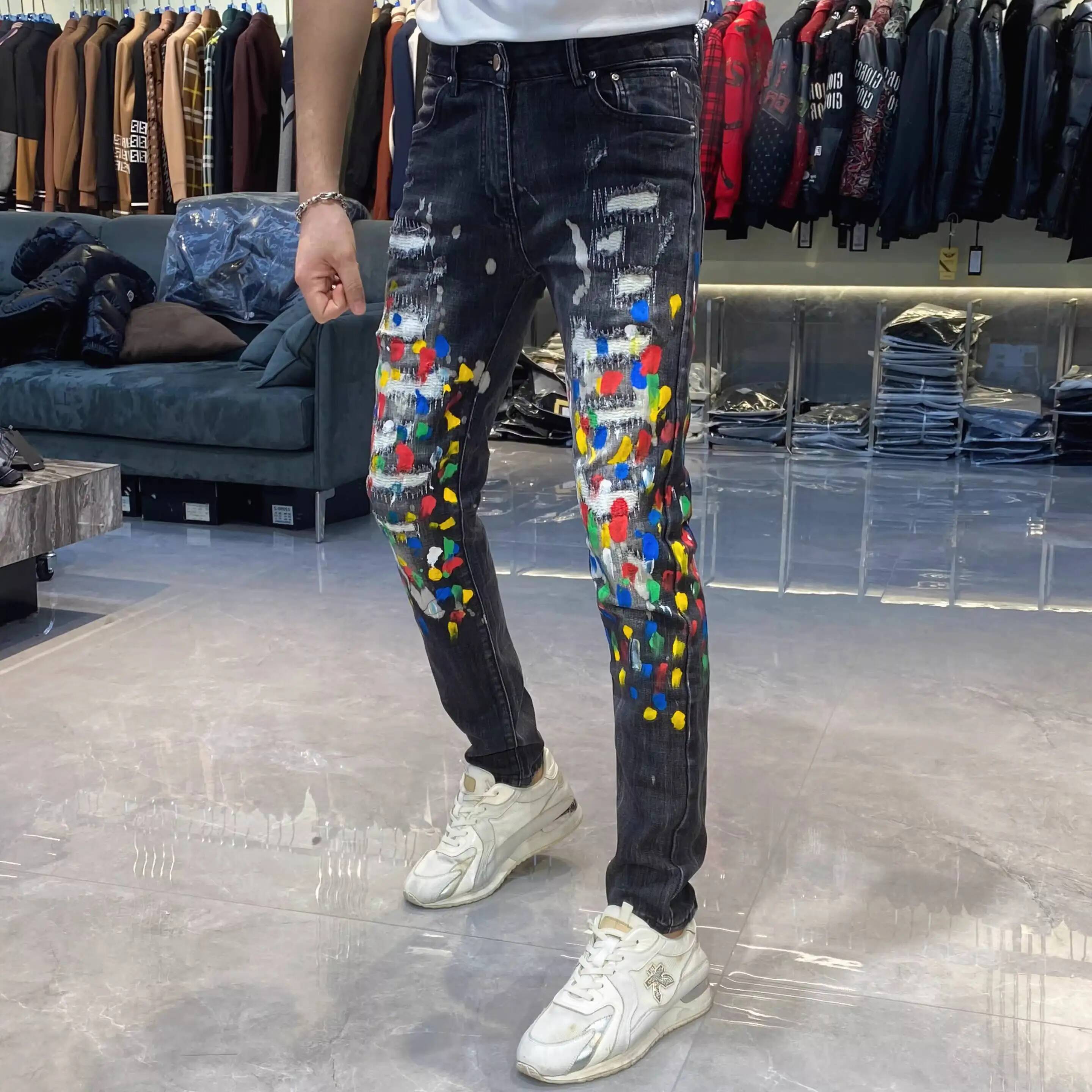 Mens Brand New Paint Splatter Ripped Men's Slim Fit Stretch 2026 Fashion Trendy Versatile Long Pants Jeans Masculina