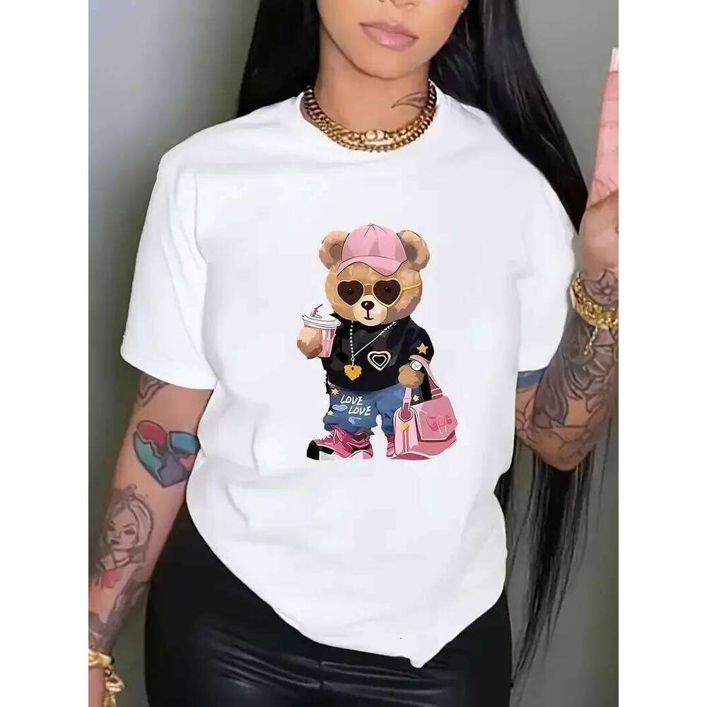 90s T Shirt Bear Graphic Print T-shirt Short Sleeve Crew Neck Casual for Summer Spring Women's Clothing Top Tee Z260312