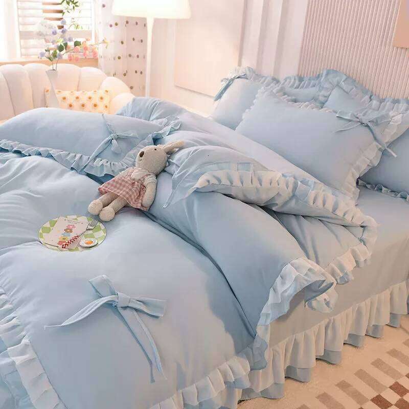 Girls Bedding Sets Kawaii Seersucker Bed Sheet Pillowcase Fashion Princess Duvet Cover Solid Color 4 Pieces Cute Home Decoration H260312