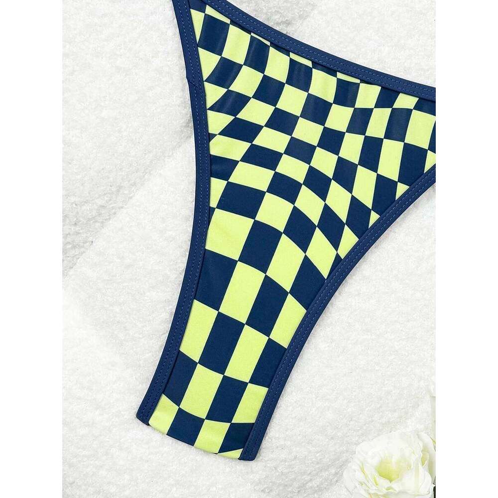 Sexy Swimsuit 2026 New Micro Bikini Women Plaid Swimwear Gold Ring High Leg Two Piece Bathing Suit Strappy Beachwear Biquini Y260303