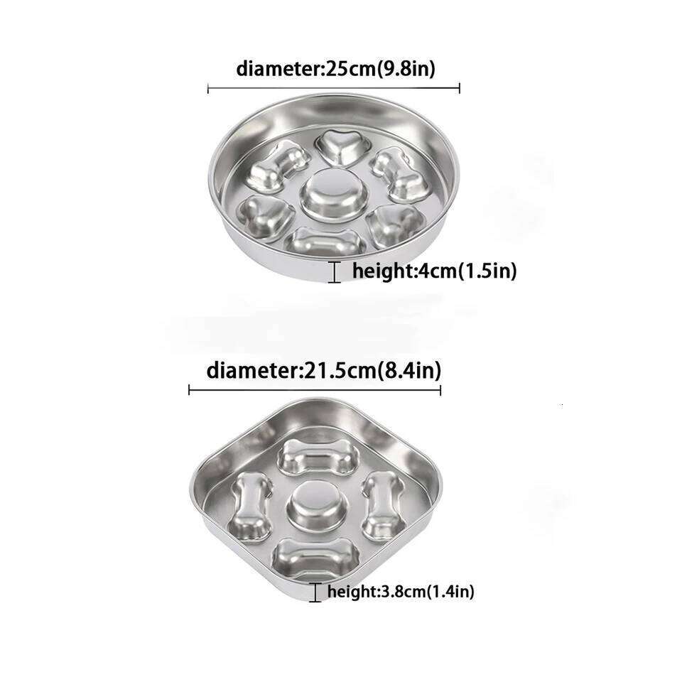 304 Stainless Steel Slow Feeder Bowl - Anti-Slip Silicone & Bone/Heart Design, 8.4-9.8in for Cats/Dogs 26Y0312