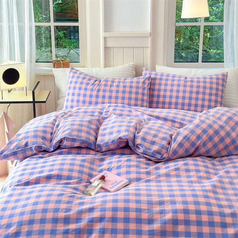100% Cotton Colorful Plaid Duvet Set Girls Women Bedroom Purple and Pink Striped Reversible Bedding Comforter Cover 3 Pcs H260312