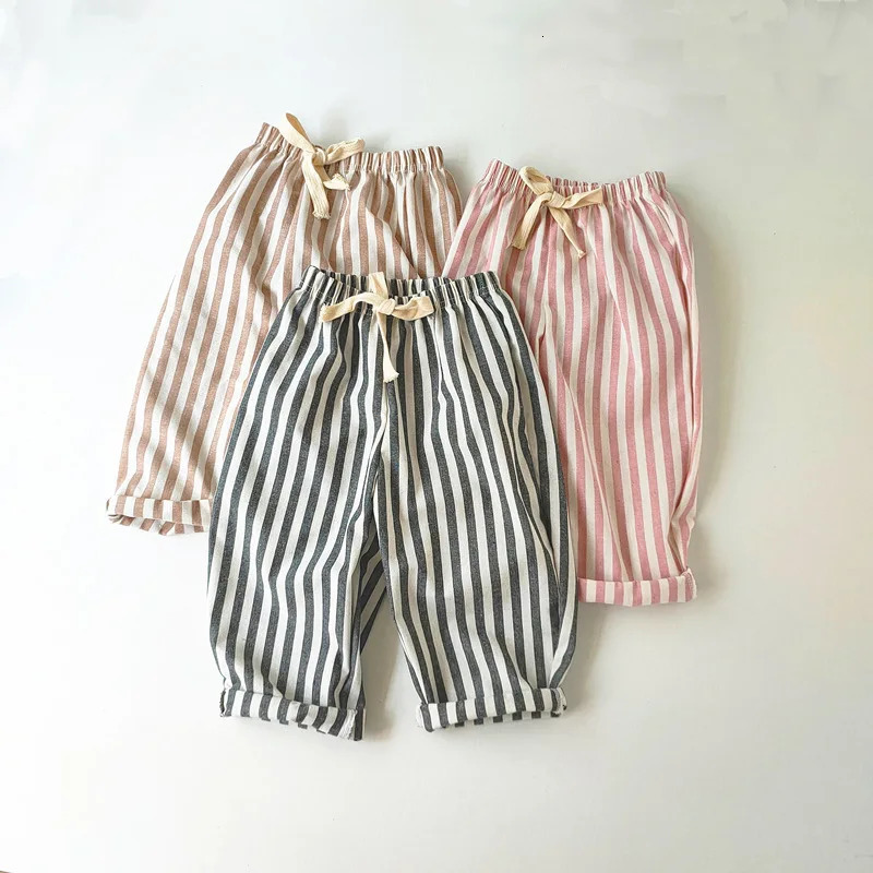 Linen Cotton Stripe Pants for Boys Girls Summer Autumn Casual Loose Kids Childrens Trousers 260311