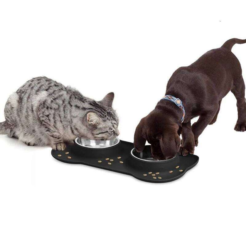 Stainless Steel Feeder Silicone Anti-spill Cats Double Bowl Pet Feeding Drinking Water Bowls Dog Food Dispenser 26Y0312
