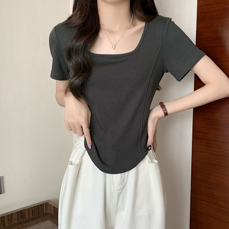 Off-shoulder Square Designer Shirt Neck Short Sleeve T-shirt Designer Hoodie Women's Polo Shirt Solid Color Summer New Fashionable Youthful Fishb