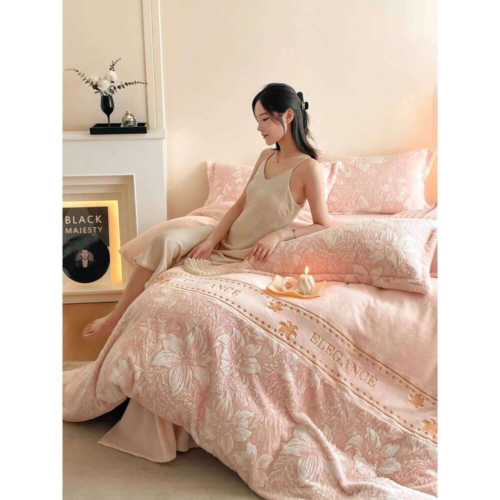 Light thickened milk four-piece set double-sided warm embroidery quilt cover bed sheet coral fleece bedding H260312