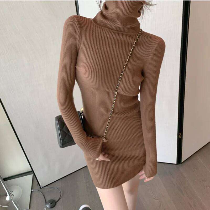 Women Autumn Winter Turtleneck Warm Bodycon Long Sleeve Knit Solid Office Pullover Sexy Mini Dress for Ladies 2025 C260312