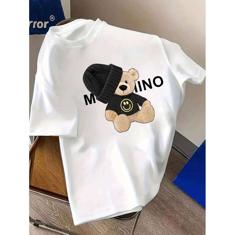 Graphic T-Shirt Short Sleeve Crew Neck with Soft Comfortable Spring Women's Light Blue Casual Teddy Bear Z260312