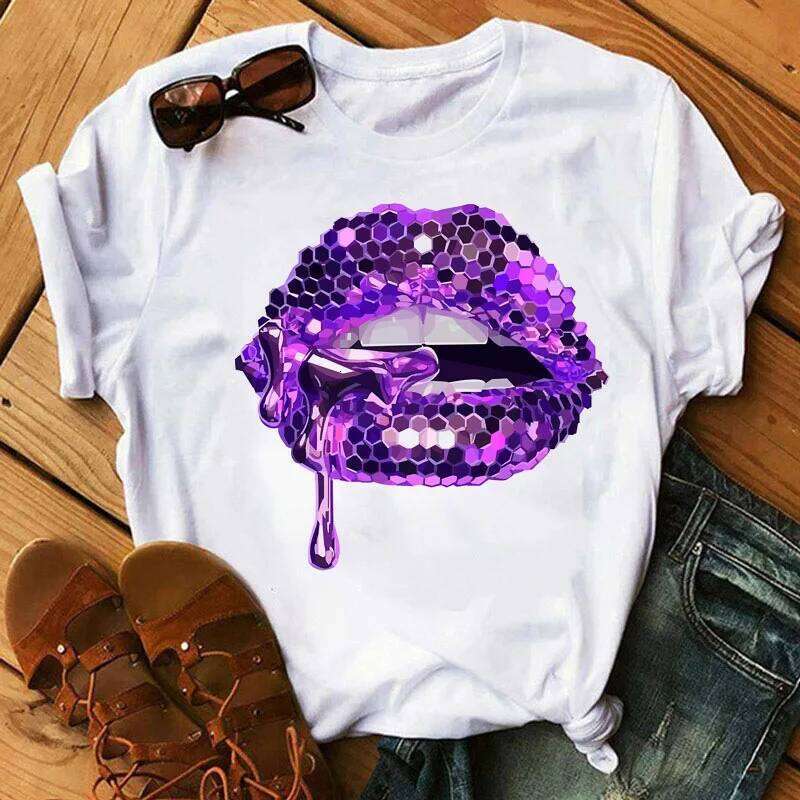 Sequins Shiny Lip Print T Short Sleeve O Neck Loose Women Tshirt Ladies Tee Shirt Tops Clothes Camisetas Mujer Z260312
