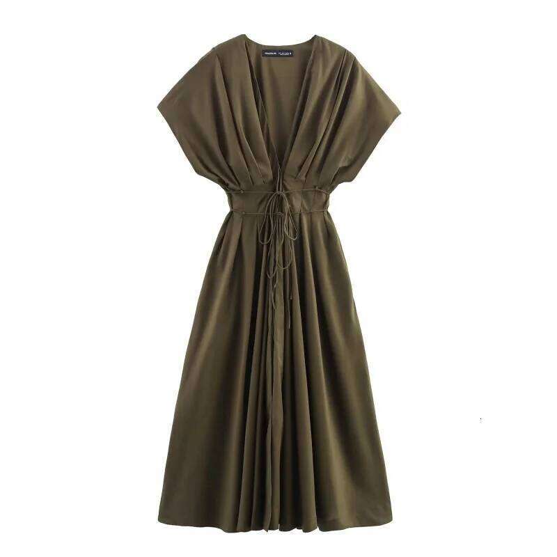 ETJ Summer 2025 women's elegant party Vintage V-neck fashion pleated lace-up MIDI poplin dress C260312