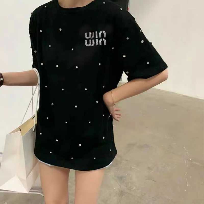 Pure Cotton Diamond Decoration Short Sleeves T-shirt for Womens Summer Letter Print Round Neck Loose Top Fashion Women ClothingT260312