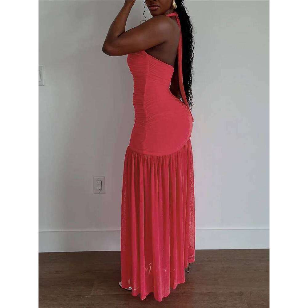 Nibber See Through Hem Dress Women Ruched Halter Summer Trend Sleeveless Backless Patchwork Midnight Clubwear Party Maxi Bodycon C260311