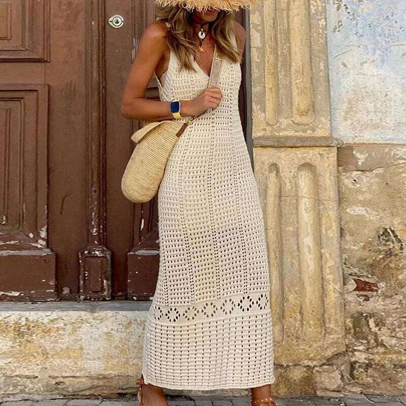 Summer Elegant V-neck Knitted Long Women Sexy Hollow Out Beach Dress 2024 Casual Sleeveless Solid Loose Cover-ups Dresses C260311
