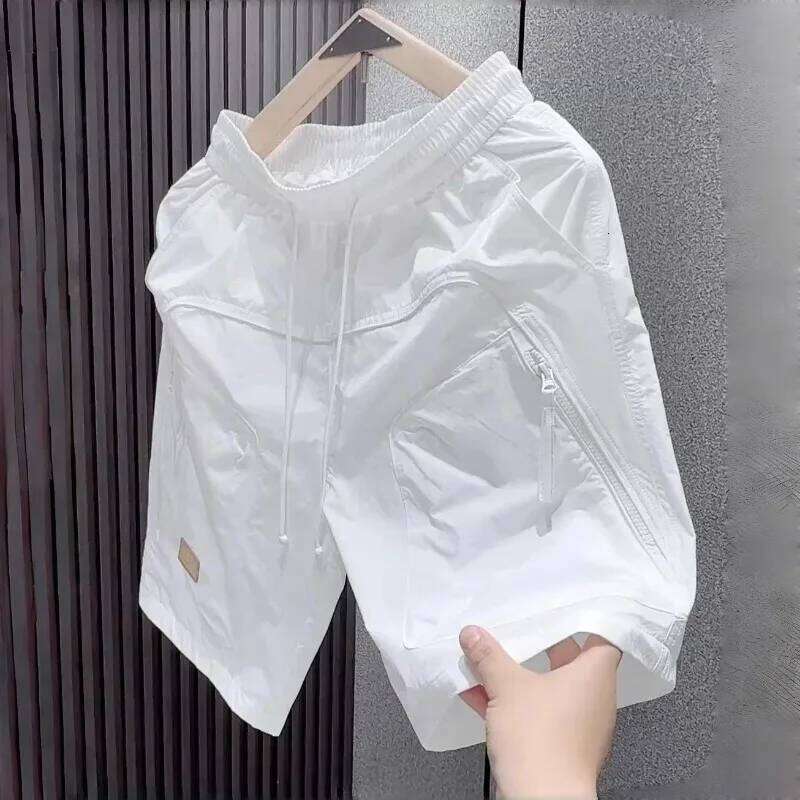 Casual Cargo Men's Multiple Zipper Pockets Loose Straight-Leg Midpants Quick Drying Oversize Elastic Waist Beach Shorts