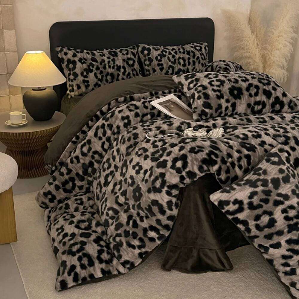 Thicken Milk Velvet Bedding Rabbit Plush Winter Warm Fashion Leopard Printed Four-Piece Set Duvet Cover Pillowcase Bed Sheet H260312