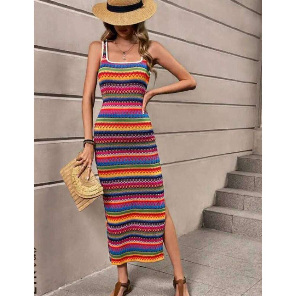 Spring new European and American women's personality street fashion casual stripes sleeveless square collar dress women C260312