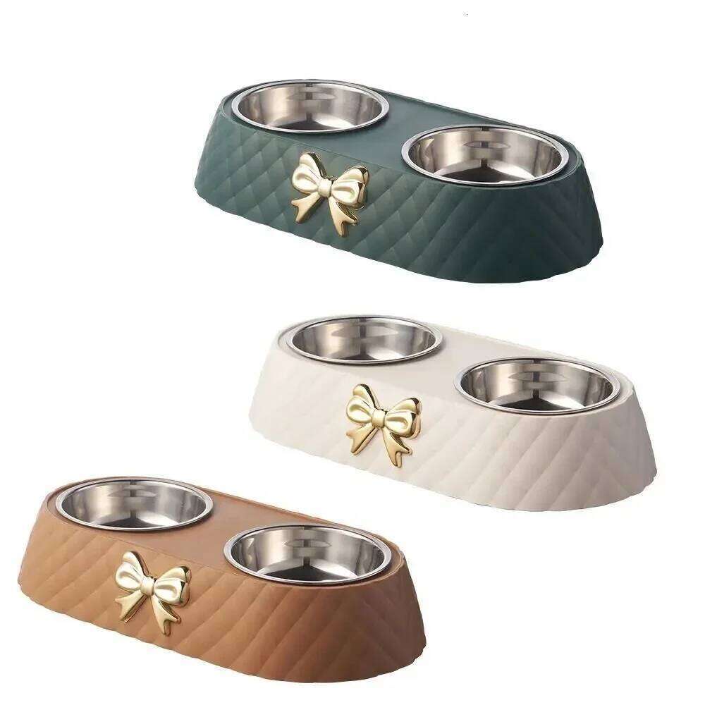 PP Base Bow-tie Bowknot Cat Feeder Stainless Steel Double Bowl Dog Food Feeding Drinking Container Pet Supplie 26Y0312