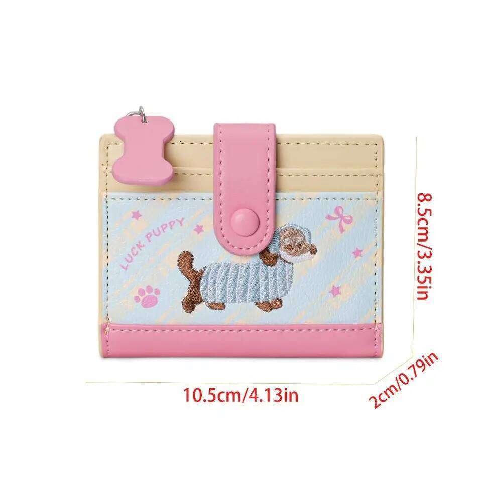 Casual Korean Style Embroidery Sausage Dog Wallet Purse Cartoon Coin Pouch Ultra Thin PU Leather Card Holder Outdoor