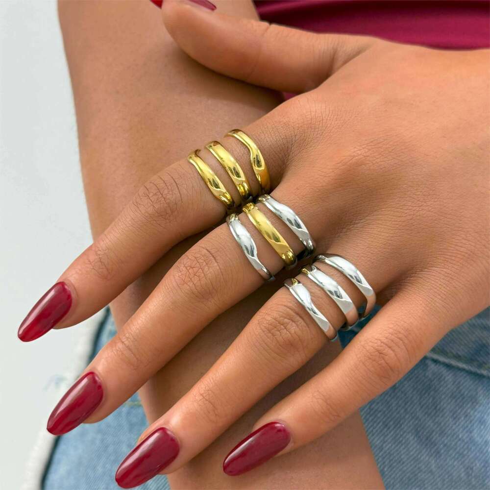 Minimalist Line 18K Gold Color Plated Stainless Steel Stackable Hollow Women's Jewelry Adjustable Ring Party Gift H260312