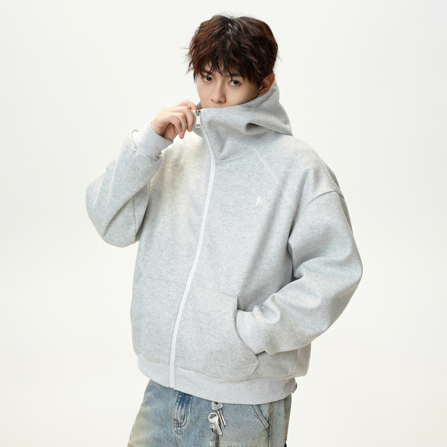 Heavy Designer Hoodie Woolen Hooded Sweatshirt Autumn Style Retro Color-block Zipper Cardigan Jacket Textured Thickened Hoodie