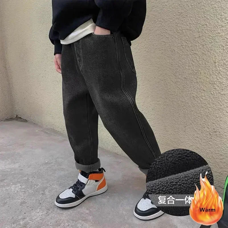 Winter Velvet Lined Boys Jeans Pants Elastic High Waist Warm Kids Vaqueros Pantalones Vintage Thick Plush Children Denim Calca 260311