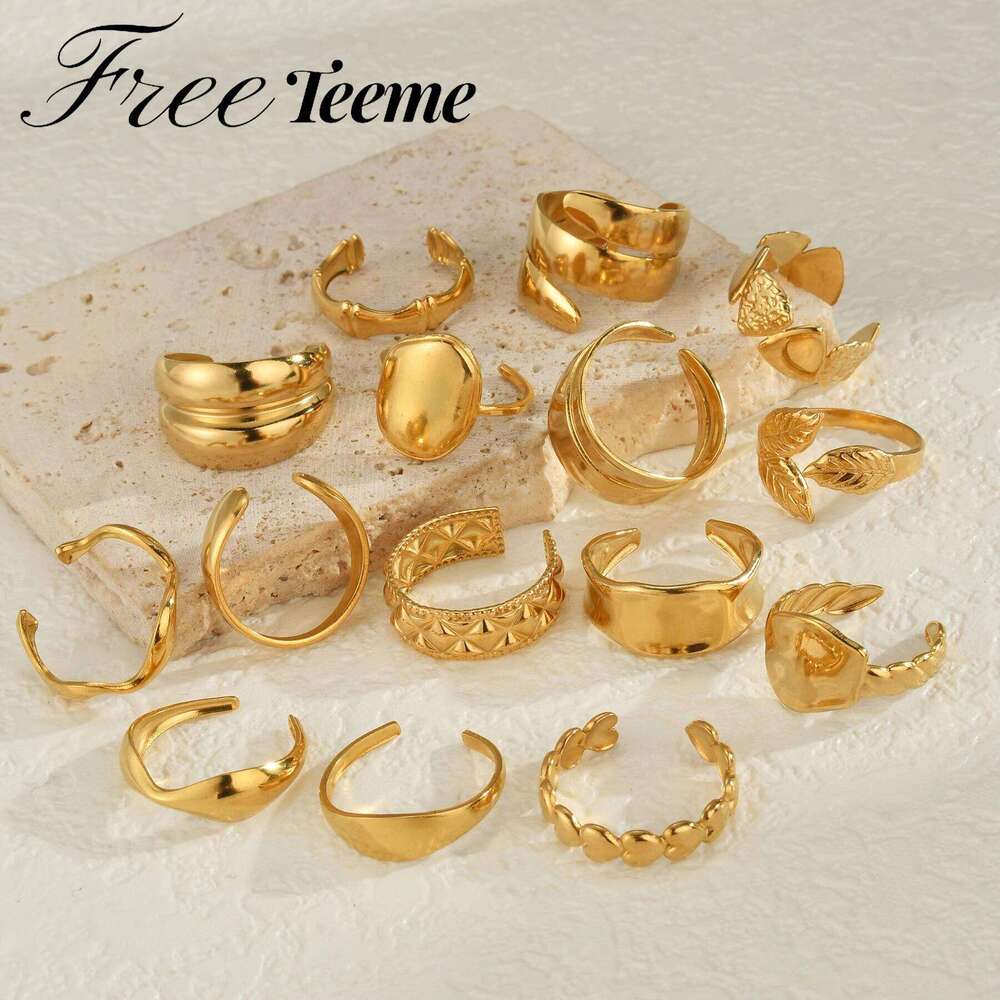 Freeteeme New Fashion Various 14K Gold Plated for Women Stainless Steel Geometry Open Ring Accessories Jewelry Wedding Gift H260312