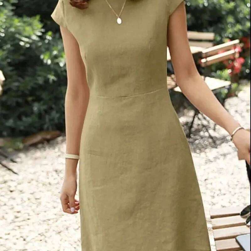 2025 Spring Cotton Linen Women's O-neck Short Sleeve A-line Casual Dresses Female Trendy Fashion Loose Clothes Ladies C260311