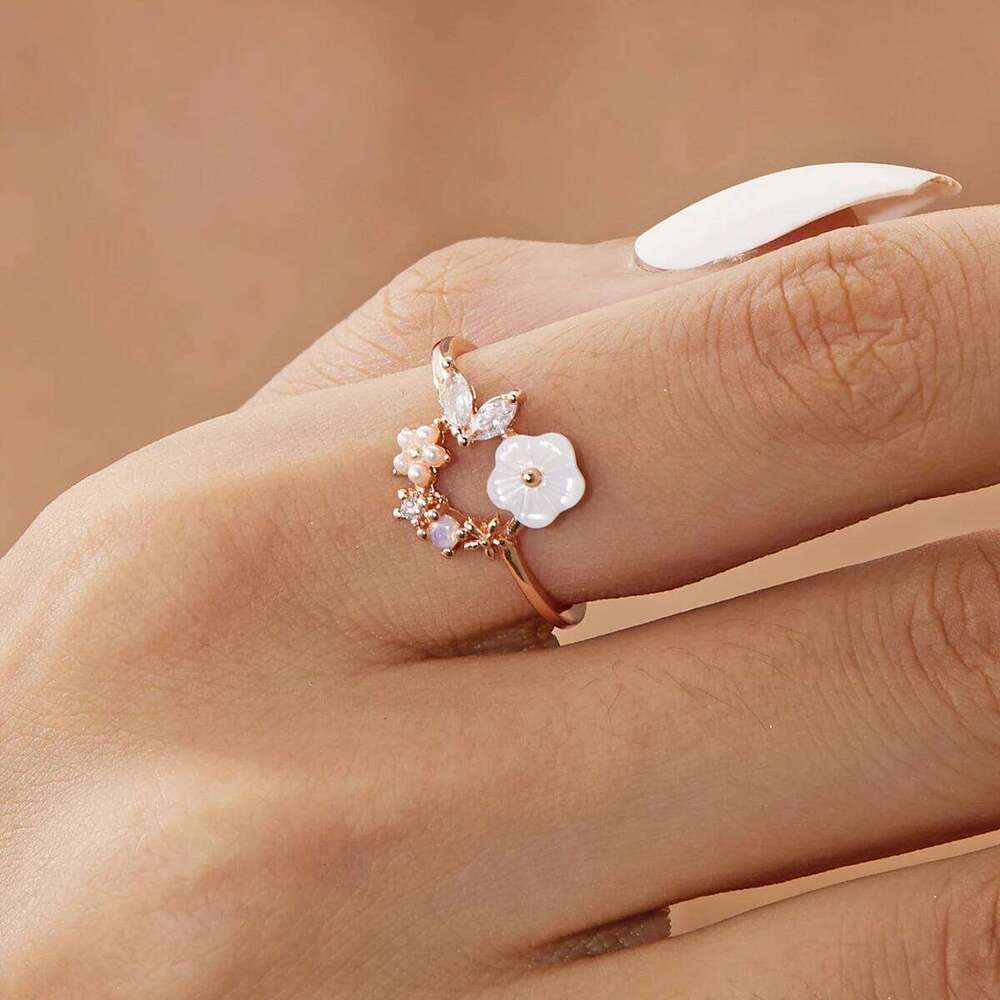 Korean CZ Sweet Crystal Zircon Heart Ring For Women Exquisite Shell Flower Opening Finger Rings Girls Princess Wedding Jewelry H260312