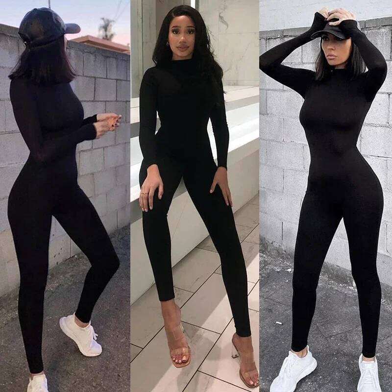 solid black/gray long sleeve skiing jumpsuit women elastic hight outfit fashion fitness sportwear slim rompers streetwear C260312