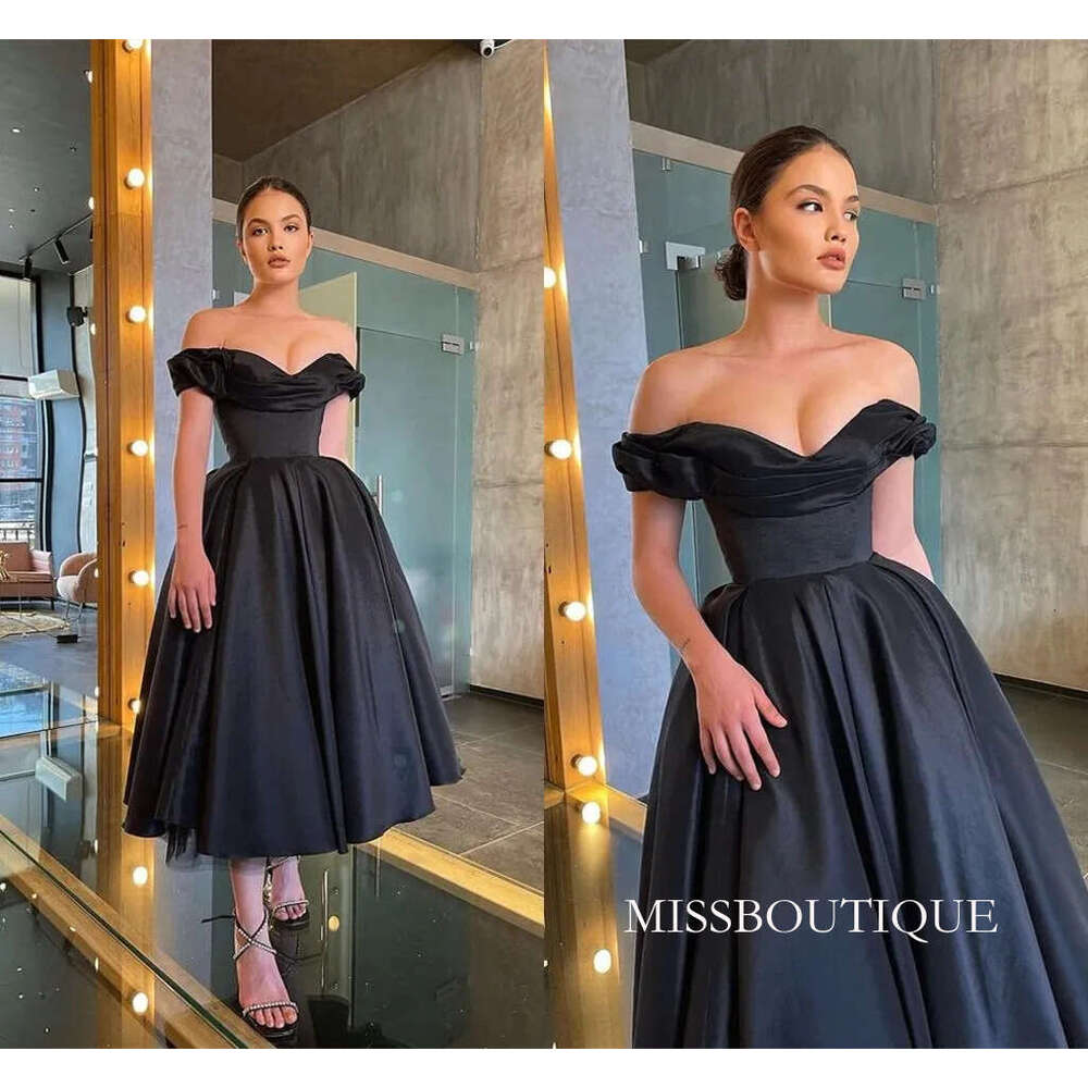 Retro Black Cocktail Dresses A Line Off Shoulder Pleats Ruffles Tea Length Prom Evening Gowns Junior Homecoming Birthday Party Vestidos B0312
