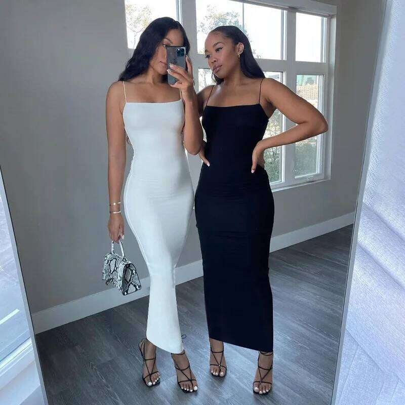 Nsangu 2024 Autumn Winter Women Solid White Black Strap Midi Dress Bodycon Sexy Streetwear Party Club Elegant Fashion Clothes C260312