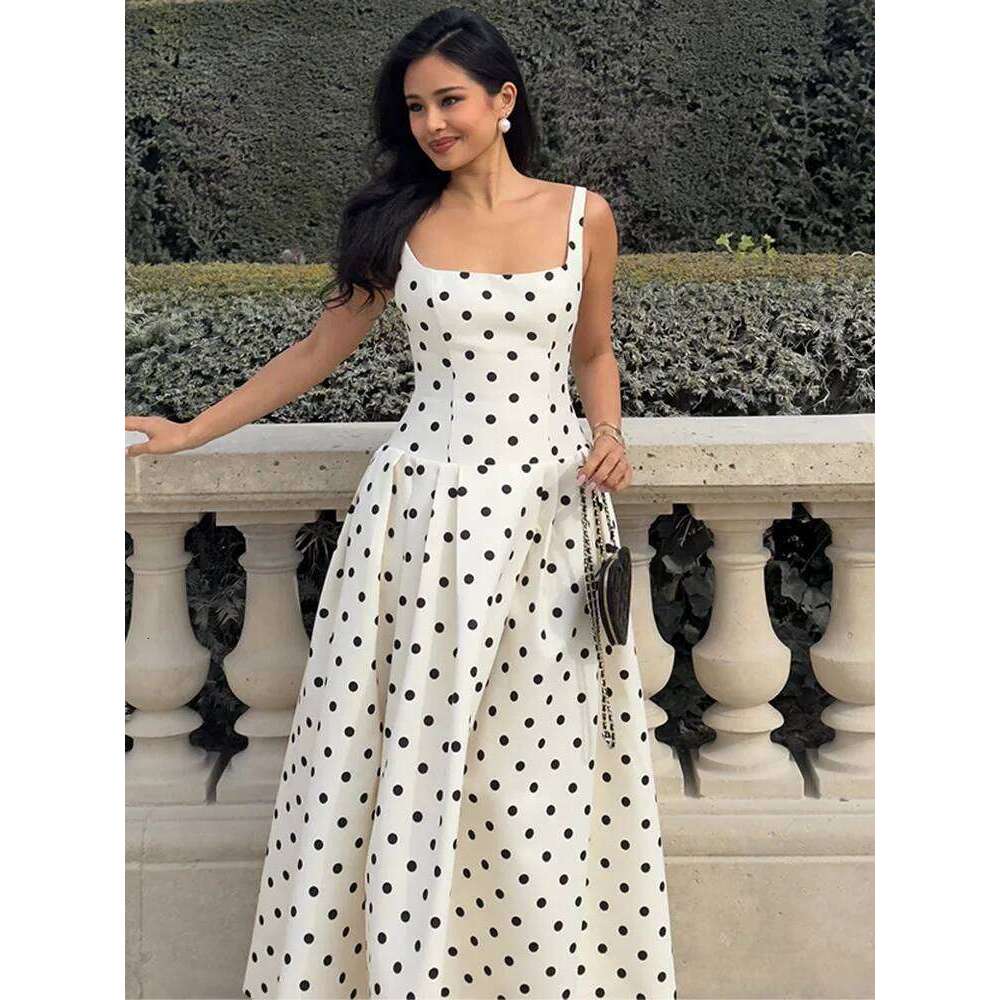 Elegant Polka Dot High Waist Party Dress Fashion Square Neck A-line Backless Sling New Summer Female Holidays Robes 2025 C260312