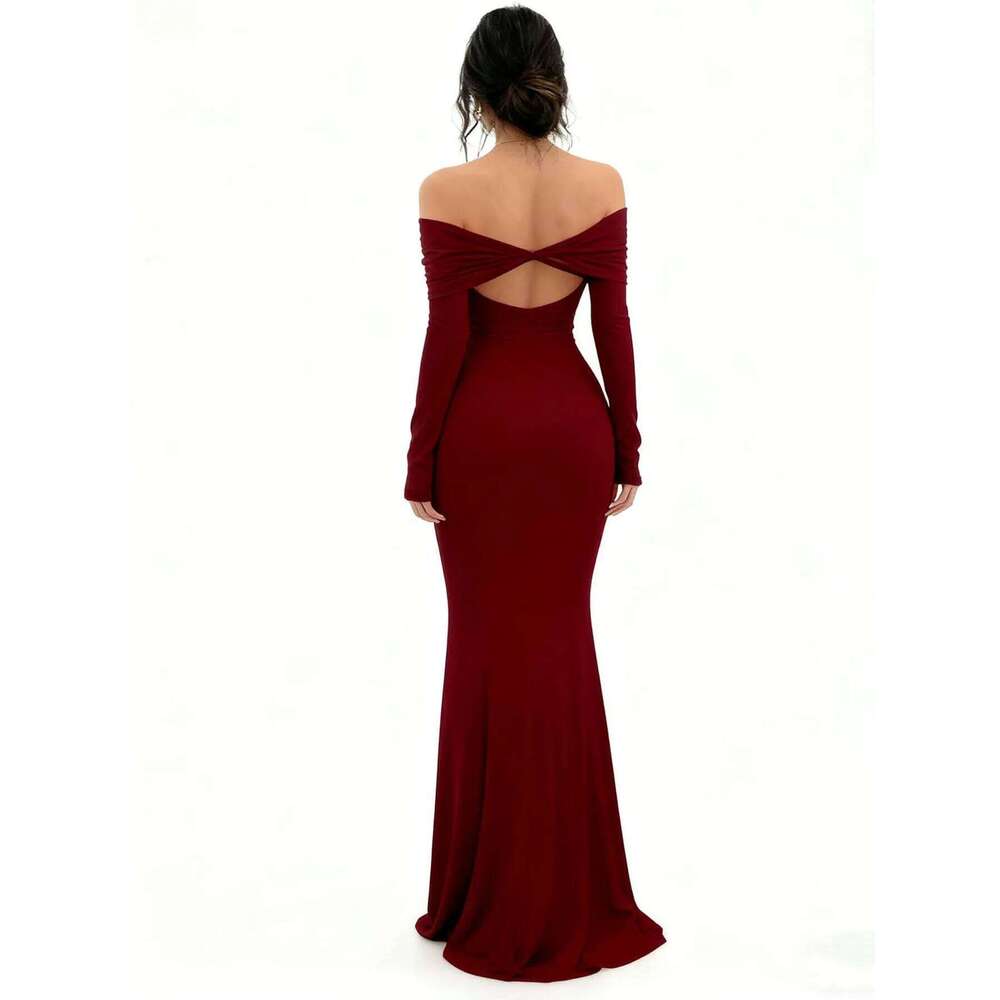 Women's Off-Shoulder Bodycon Dress - Long Sleeve High Slit Bandage Dress, Chic Figure-Hugging Midi C260311