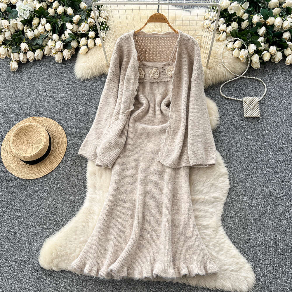 Gentle style women's A15 autumn and winter clothing three-dimensional flower waist belt knitted dress loose jacket 2026