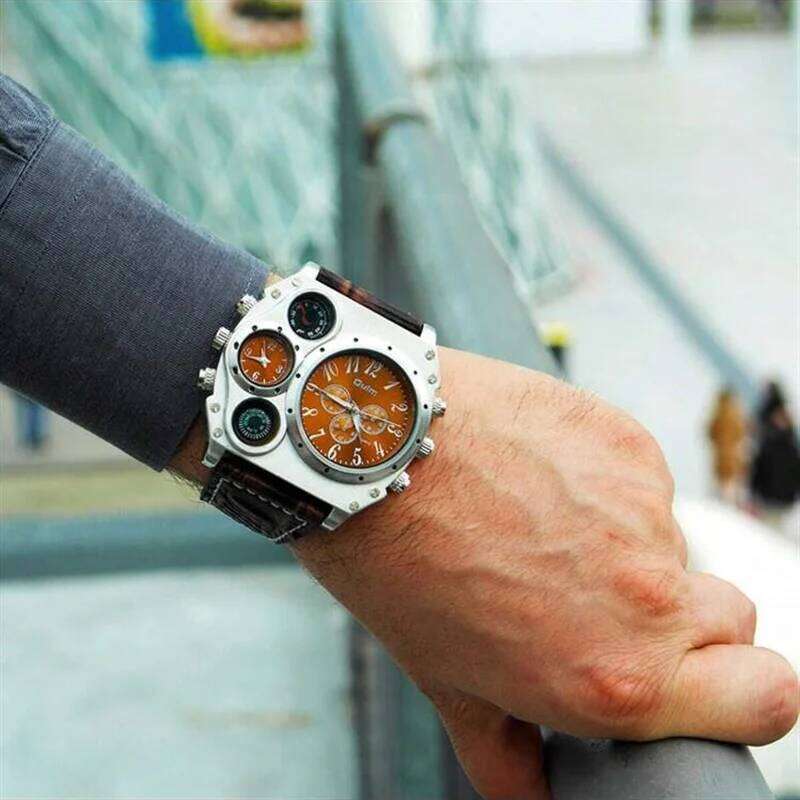 Oulm Fashion Casual Night Light Dual Time Zone Large Dial Leather Strap Men's Quartz Watch reloj hombre