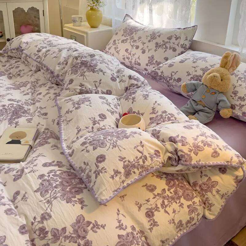 Ins Bedding Purple Love Stripe Double Layer Yarn Four Piece Dormitory Girl Heart Bed Sheet And Quilt Set Washed Cotton H260312