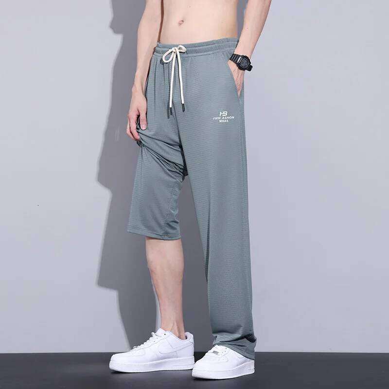 Summer Thin Mesh Net Hole Fabric Casual Pants Men Breathable Elastic Waist Baggy Korean Jogging Work Straight-leg Trouser New