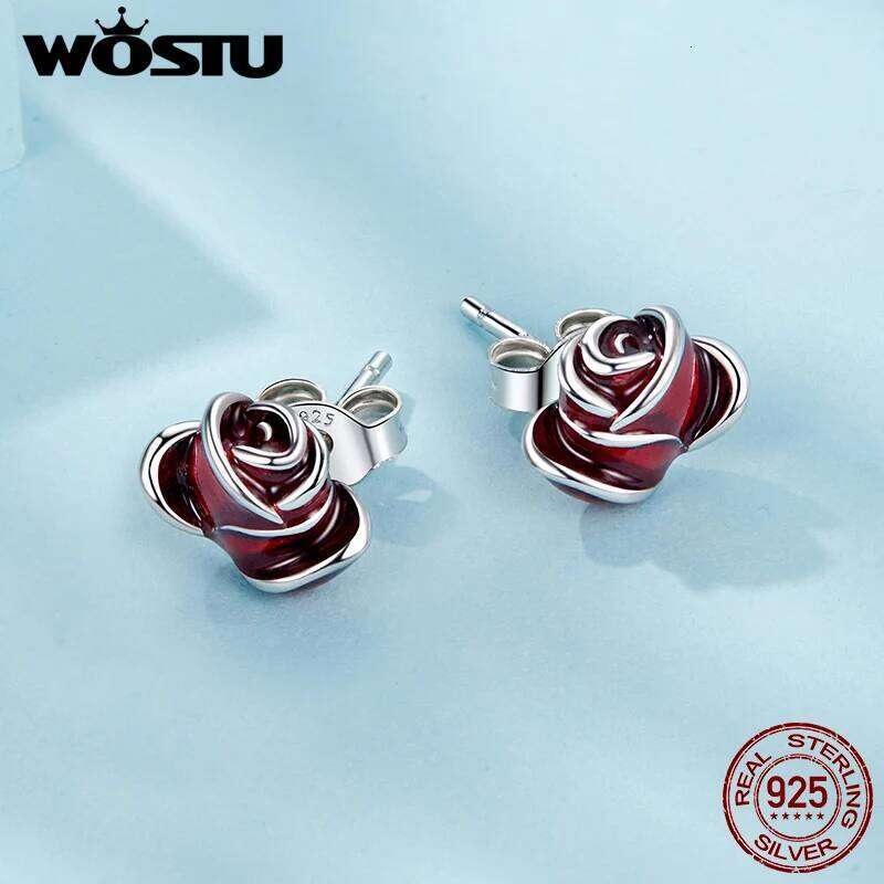 WOSTU Real 925 Sterling Silver Red Rose Opening Ring For Women Valentine Gift Flower Stud Earrings Fine Wedding Jewelry Set H260312