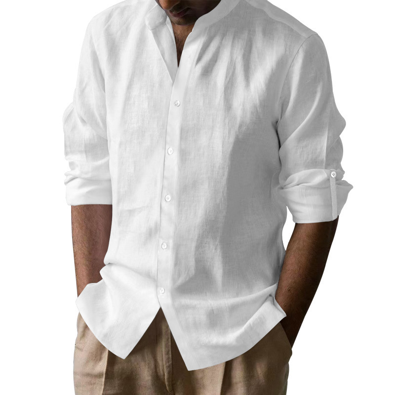 American-style Men's Hawaiian-style Cotton-linen Polo Breathable Designer Hoodie Henry-collar Casual Long-sleeve Designer Shirt Shirt For Spring And Autumn
