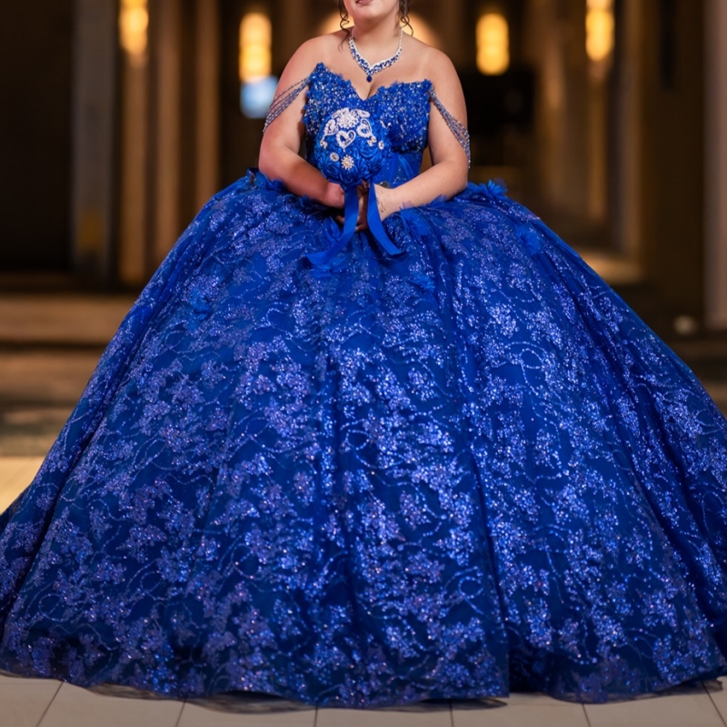 Royal Blue Shiny Ball Gown Quinceanera Dresses 2026 Sequin Applique Lace Beading Crystal Tull Corset Off Shoulder Sweet 16 Dress Years Vestidos De 15 