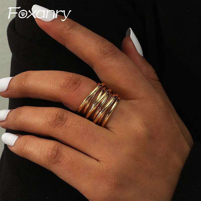 Foxanry Non-fading Gold Color Engagement Rings for Women Couples New Fashion Simple Multilayer Geometric Birthday Party Jewelry H260312