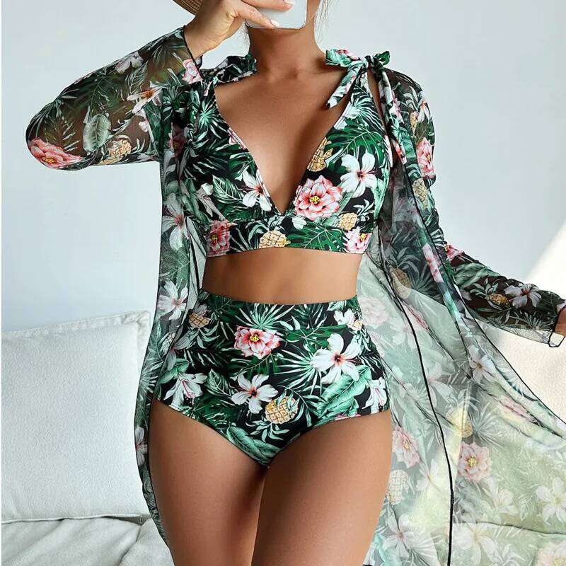 Bikini Print Swimsuits 2026 Female Swimwear Push Up For Beach Wear Three-Piece Bathing Suits Pool Bather Women's Swimming Suit Y260303