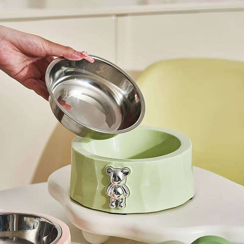 Supplies Stainless Steel Diamond Bear Pet Cat Food Utensils slip Anti overturning Dog Bowl 26Y0312